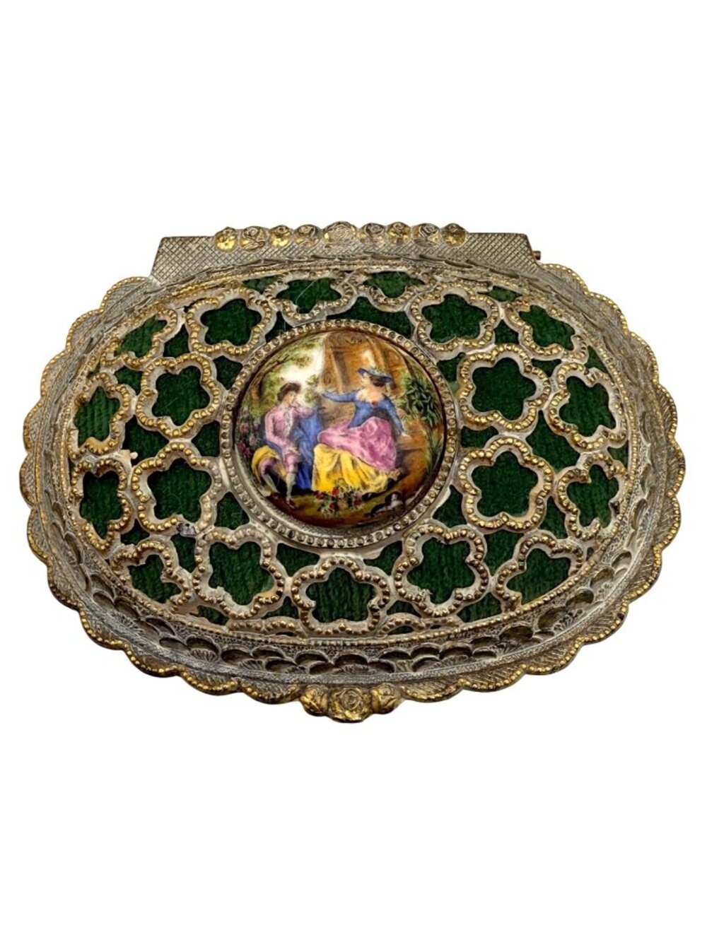 VTG Mele Musical Trinket Jewelry Box Sankyo Gold Filigree Green Velvet Japan - Picture 4 of 10